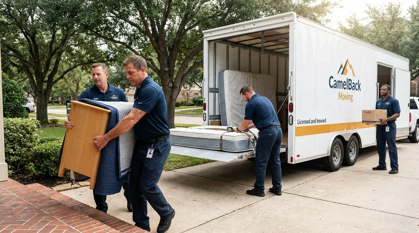 Crew loading residential truck for cross-state move from Wolfforth, TX
