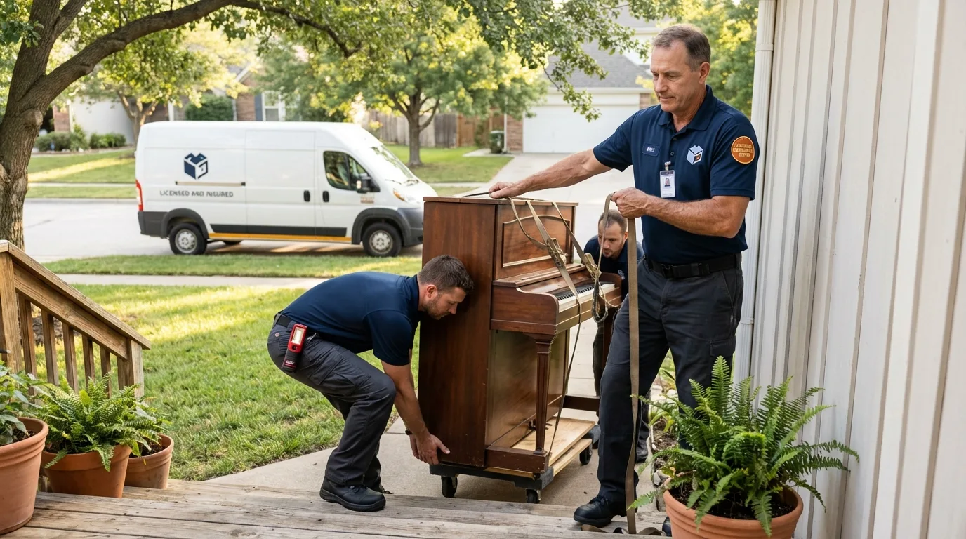 Licensed piano movers securing grand piano in Wolfforth, TX